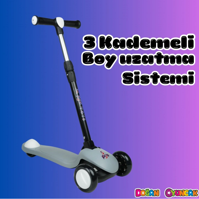 Lupa Katlanabilir Işıklı 3 Tekerlekli Gri Scooter - Işıklı Scooter - Slikon Teker Scooter - Çocuk Scooter - İttir Git