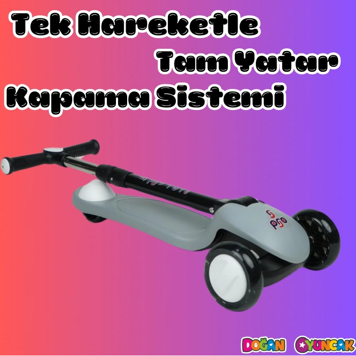 Lupa Katlanabilir Işıklı 3 Tekerlekli Gri Scooter - Işıklı Scooter - Slikon Teker Scooter - Çocuk Scooter - İttir Git