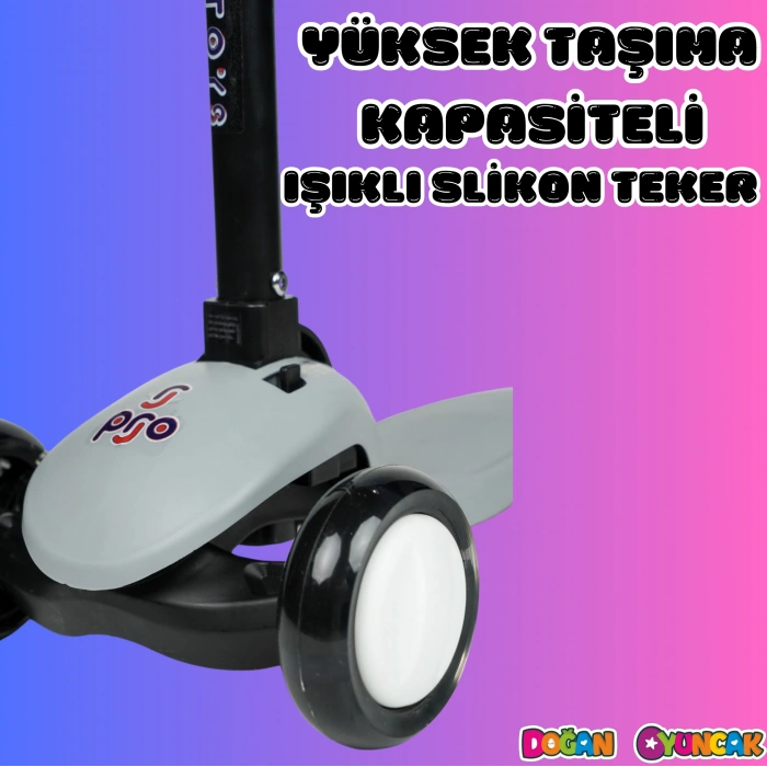 Lupa Katlanabilir Işıklı 3 Tekerlekli Gri Scooter - Işıklı Scooter - Slikon Teker Scooter - Çocuk Scooter - İttir Git