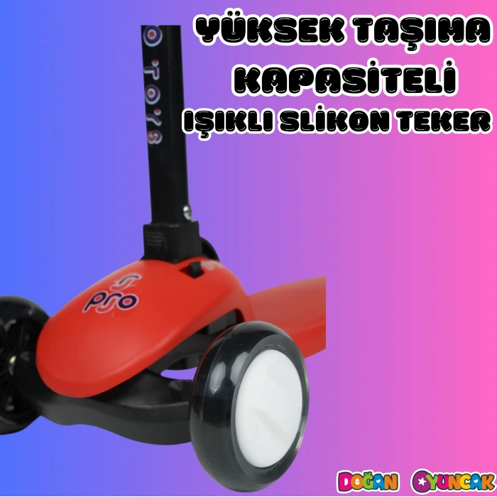 Lupa Katlanabilir Işıklı 3 Tekerlekli Kırmızı Scooter - Işıklı Scooter - Slikon Teker Scooter - Çocuk Scooter - İttir Git
