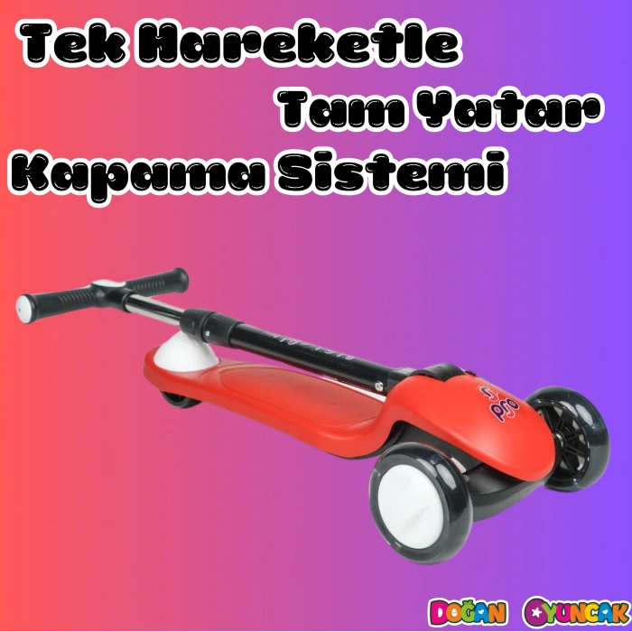 Lupa Katlanabilir Işıklı 3 Tekerlekli Kırmızı Scooter - Işıklı Scooter - Slikon Teker Scooter - Çocuk Scooter - İttir Git