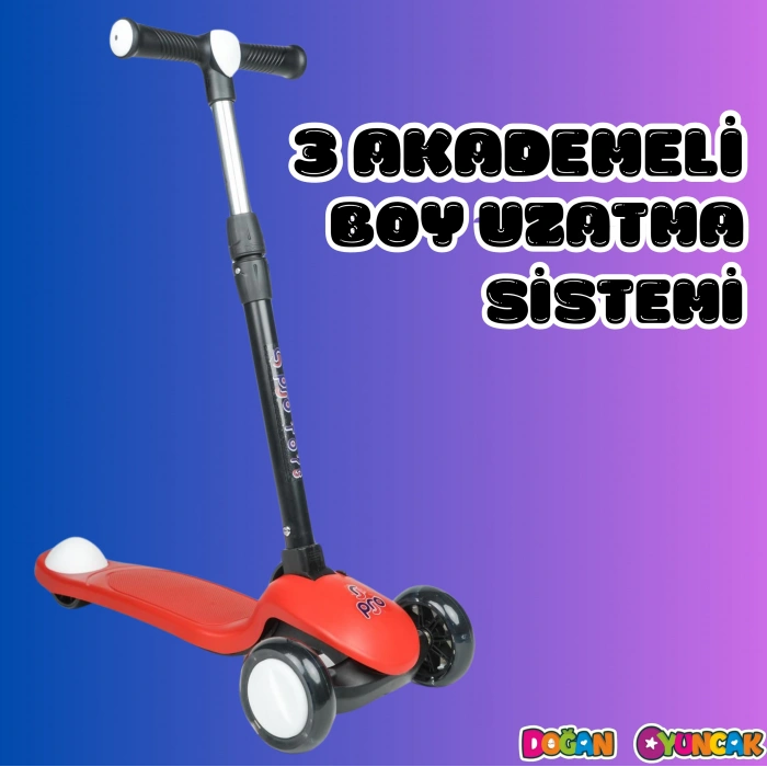Lupa Katlanabilir Işıklı 3 Tekerlekli Kırmızı Scooter - Işıklı Scooter - Slikon Teker Scooter - Çocuk Scooter - İttir Git