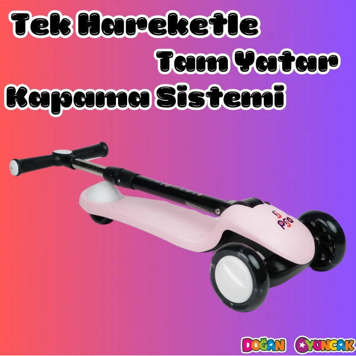 Lupa Katlanabilir Işıklı 3 Tekerlekli Pembe Scooter - Işıklı Scooter - Slikon Teker Scooter - Çocuk Scooter - İttir Git