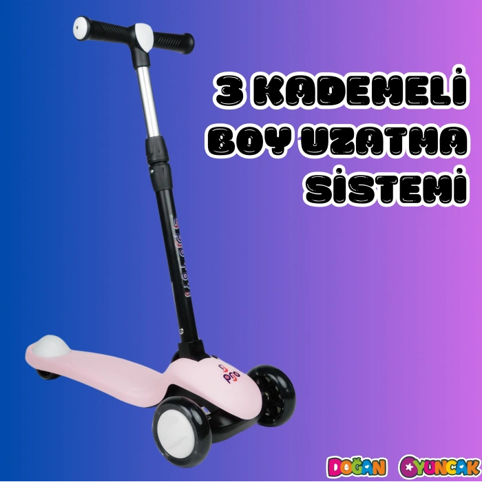 Lupa Katlanabilir Işıklı 3 Tekerlekli Pembe Scooter - Işıklı Scooter - Slikon Teker Scooter - Çocuk Scooter - İttir Git