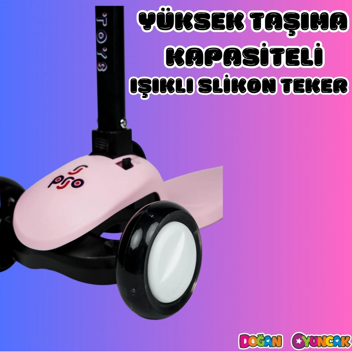 Lupa Katlanabilir Işıklı 3 Tekerlekli Pembe Scooter - Işıklı Scooter - Slikon Teker Scooter - Çocuk Scooter - İttir Git