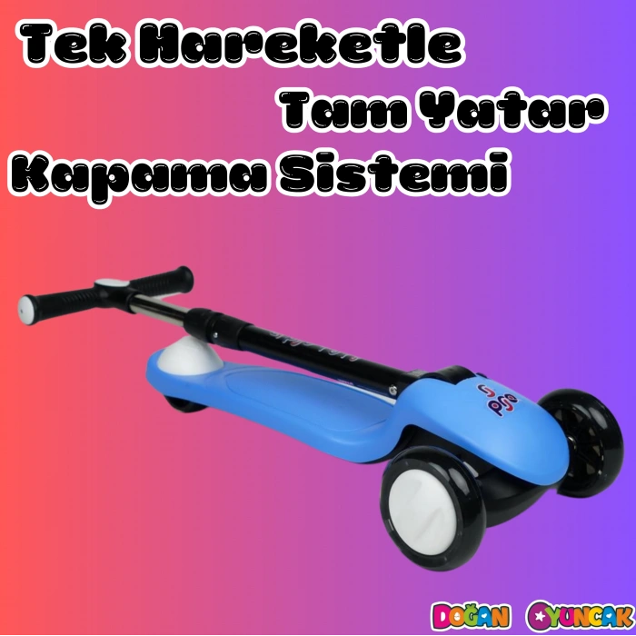 Lupa Katlanabilir Işıklı 3 Tekerlekli Mavi Scooter - Işıklı Scooter - Slikon Teker Scooter - Çocuk Scooter - İttir Git