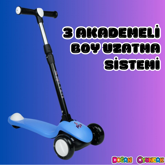 Lupa Katlanabilir Işıklı 3 Tekerlekli Mavi Scooter - Işıklı Scooter - Slikon Teker Scooter - Çocuk Scooter - İttir Git