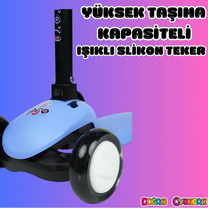 Lupa Katlanabilir Işıklı 3 Tekerlekli Mavi Scooter - Işıklı Scooter - Slikon Teker Scooter - Çocuk Scooter - İttir Git
