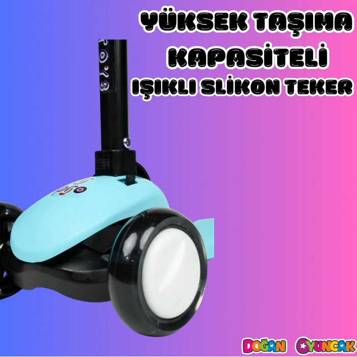 Lupa Katlanabilir Işıklı 3 Tekerlekli Turkuaz Scooter - Işıklı Scooter - Slikon Teker Scooter - Çocuk Scooter - İttir Git