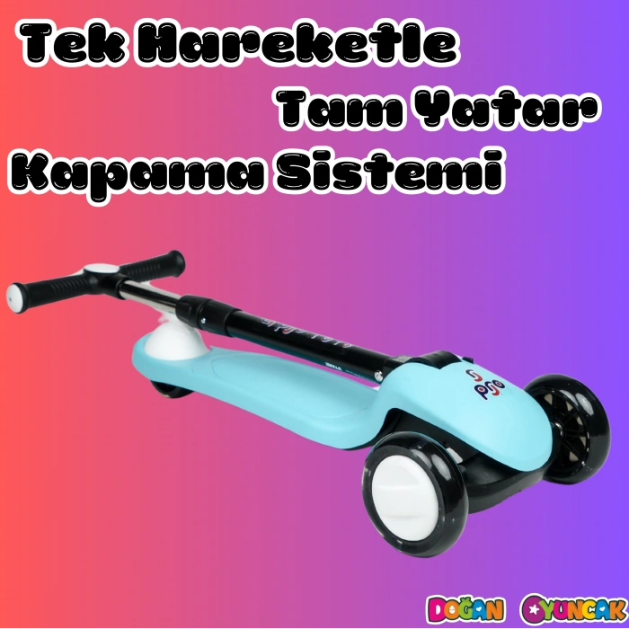 Lupa Katlanabilir Işıklı 3 Tekerlekli Turkuaz Scooter - Işıklı Scooter - Slikon Teker Scooter - Çocuk Scooter - İttir Git