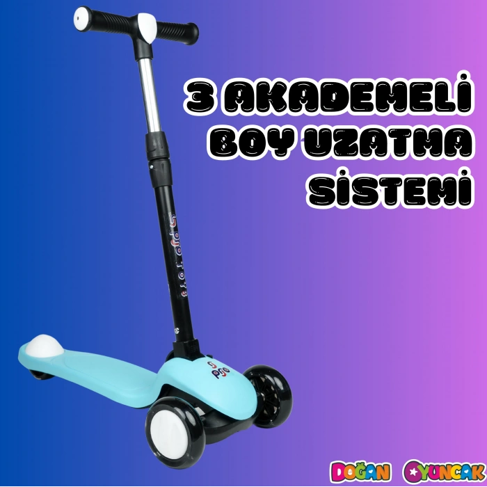 Lupa Katlanabilir Işıklı 3 Tekerlekli Turkuaz Scooter - Işıklı Scooter - Slikon Teker Scooter - Çocuk Scooter - İttir Git