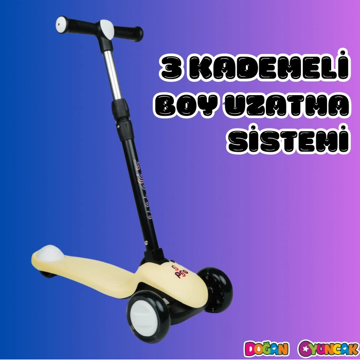 Lupa Katlanabilir Işıklı 3 Tekerlekli Sarı Scooter - Işıklı Scooter - Slikon Teker Scooter - Çocuk Scooter - İttir Git