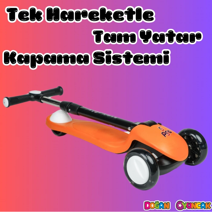 Lupa Katlanabilir Işıklı 3 Tekerlekli Turuncu Scooter - Işıklı Scooter - Slikon Teker Scooter - Çocuk Scooter - İttir Git