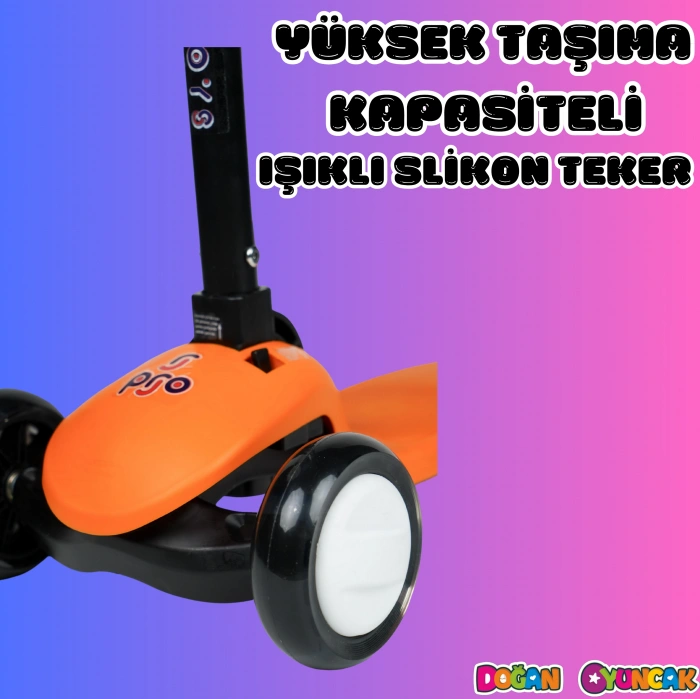 Lupa Katlanabilir Işıklı 3 Tekerlekli Turuncu Scooter - Işıklı Scooter - Slikon Teker Scooter - Çocuk Scooter - İttir Git