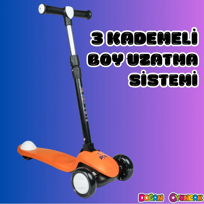 Lupa Katlanabilir Işıklı 3 Tekerlekli Turuncu Scooter - Işıklı Scooter - Slikon Teker Scooter - Çocuk Scooter - İttir Git
