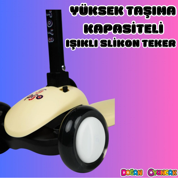 Lupa Katlanabilir Işıklı 3 Tekerlekli Sarı Scooter - Işıklı Scooter - Slikon Teker Scooter - Çocuk Scooter - İttir Git
