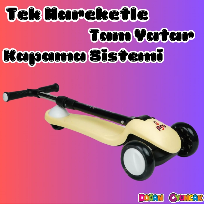 Lupa Katlanabilir Işıklı 3 Tekerlekli Sarı Scooter - Işıklı Scooter - Slikon Teker Scooter - Çocuk Scooter - İttir Git