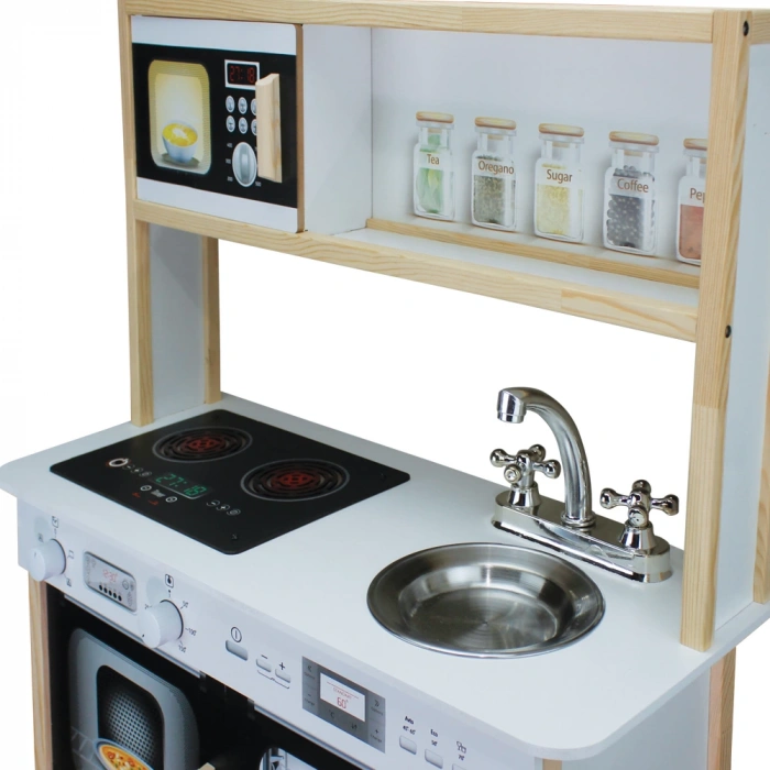 Lüx Işıklı Hamarat Ahşap Mutfak - Ahşap Çocuk Mutfağı - Mutfak Seti - Kapaklı Mutfak - Siyah