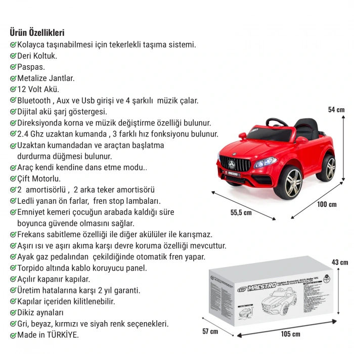 Maestro GT Kırmızı Uzaktan Kumandalı 4X2 12 Volt Akülü Araba - RC Mercedes Akülü Araba