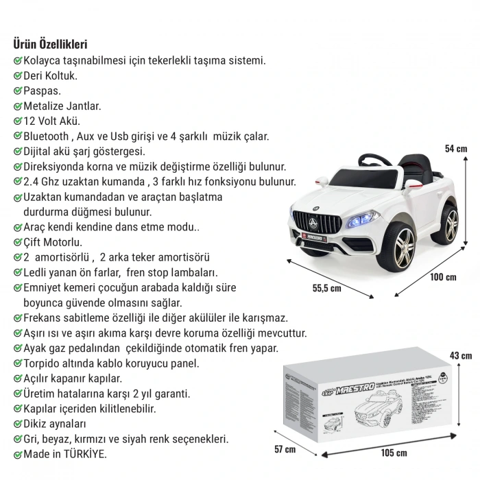 Maestro GT Beyaz Uzaktan Kumandalı 4X2 12 Volt Akülü Araba - RC Mercedes Akülü Araba