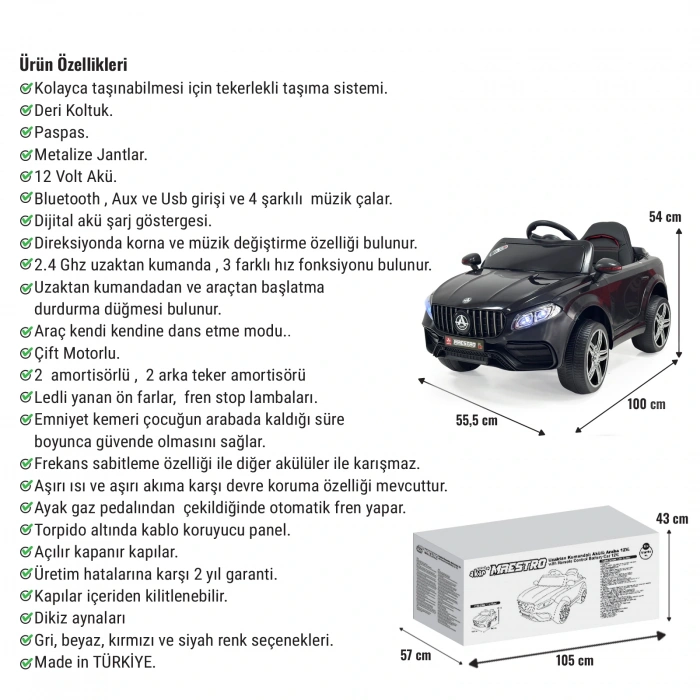 Maestro GT Siyah Uzaktan Kumandalı 4X2 12 Volt Akülü Araba - RC Mercedes Akülü Araba