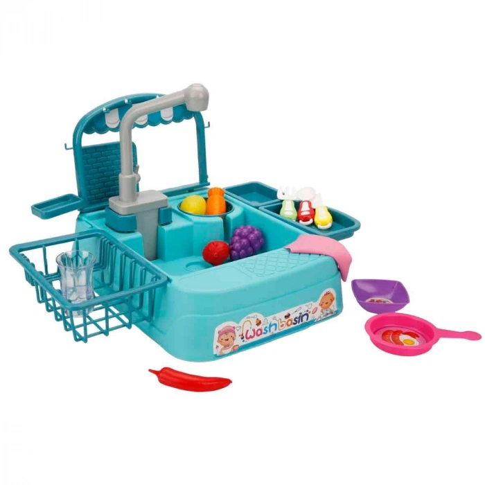 Mavi Su Akıtan Mutfak Lavabosu Seti - Çeşmeli Sesli Lavabo - Mutfak Seti - Su Akan Musluk - Akan Musluk Oyuncak