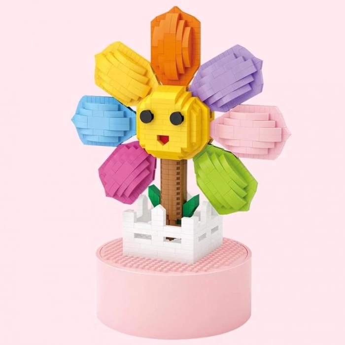 Mikro Blok Saksılı Ayçiçek Müzik Kutusu 1000 Parça - Lego Setleri - Loz Mini Lego - Çiçek Lego - Loz Lego - Mikro Bloklar