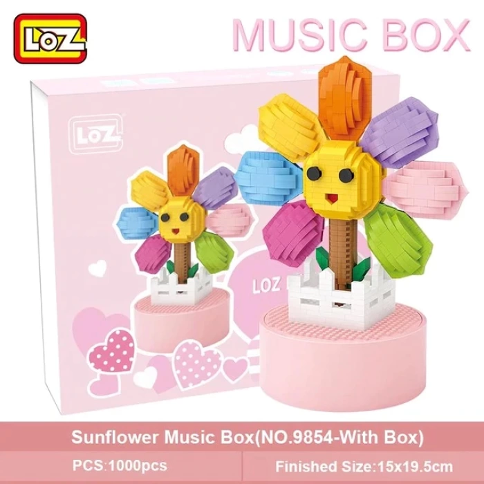 Mikro Blok Saksılı Ayçiçek Müzik Kutusu 1000 Parça - Lego Setleri - Loz Mini Lego - Çiçek Lego - Loz Lego - Mikro Bloklar