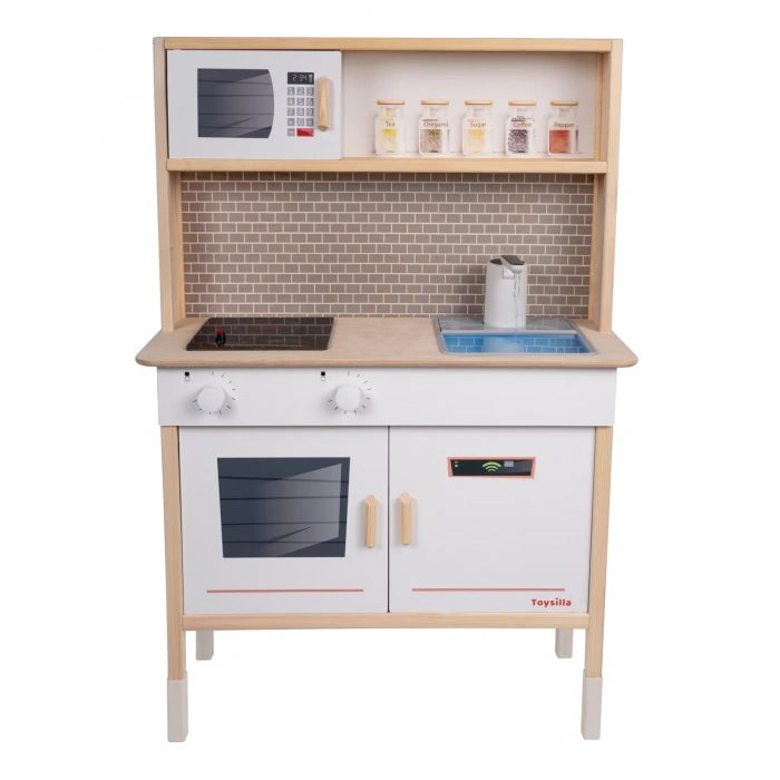 Musluktan Su Akan Işıklı Ahşap Mutfak - Ahşap Çocuk Mutfağı - Ledli Mutfak Seti -Su Akıtan Mutfak - Beyaz