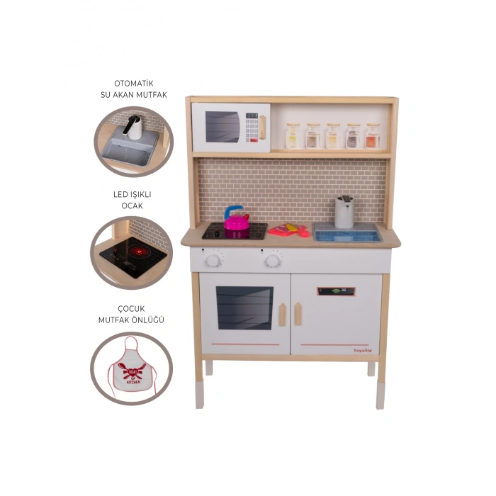 Musluktan Su Akan Işıklı Ahşap Mutfak - Ahşap Çocuk Mutfağı - Ledli Mutfak Seti -Su Akıtan Mutfak - Beyaz