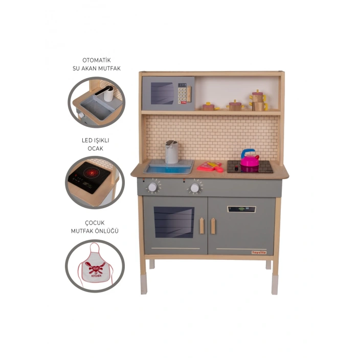 Musluktan Su Akan Işıklı Ahşap Mutfak - Ahşap Çocuk Mutfağı - Ledli Mutfak Seti -Su Akıtan Mutfak - Gri