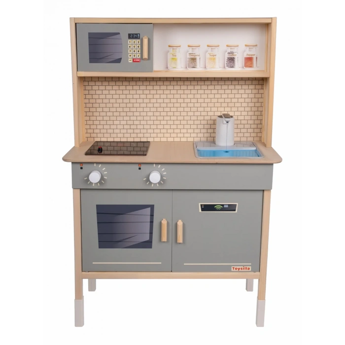 Musluktan Su Akan Işıklı Ahşap Mutfak - Ahşap Çocuk Mutfağı - Ledli Mutfak Seti -Su Akıtan Mutfak - Gri