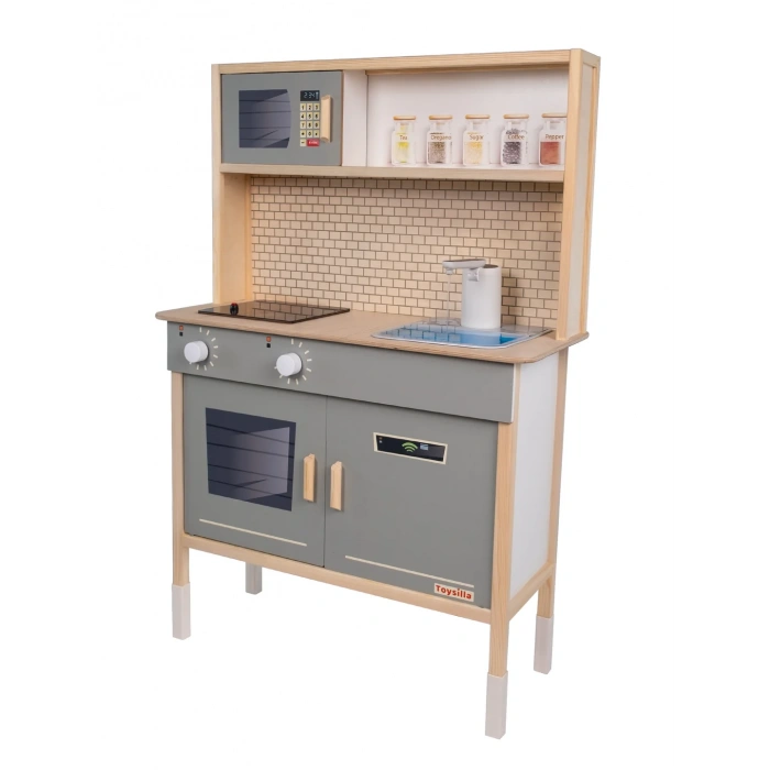 Musluktan Su Akan Işıklı Ahşap Mutfak - Ahşap Çocuk Mutfağı - Ledli Mutfak Seti -Su Akıtan Mutfak - Gri