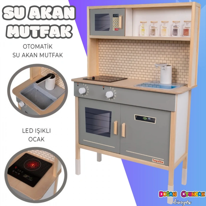 Musluktan Su Akan Işıklı Ahşap Mutfak - Ahşap Çocuk Mutfağı - Ledli Mutfak Seti -Su Akıtan Mutfak - Gri