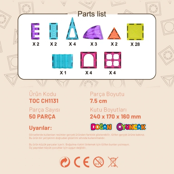 Orijinal Magnetic Tiles 50 Parça Manyetik Lego - Magnetic Magical Magnet - Mıknatıslı Lego