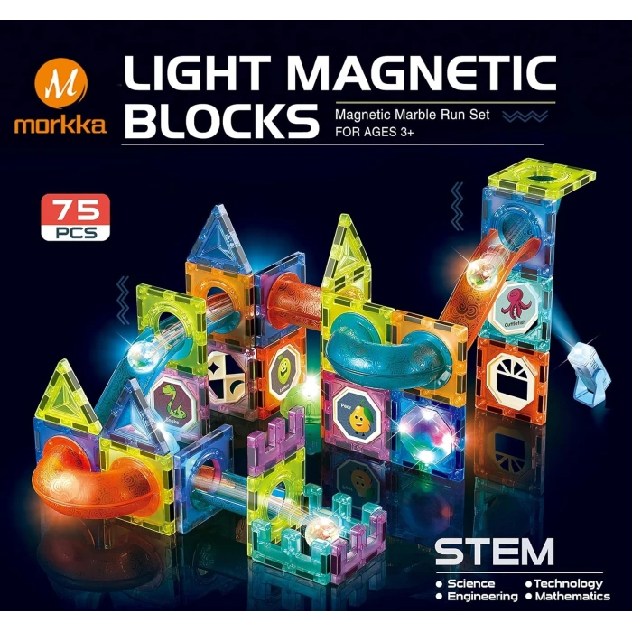 Orijinal Magnetic Tiles Light Version 75 Parça Işıklı Manyetik Lego - Magnetic Magical Işıklı Magnet - Ledli Mıknatıslı Lego