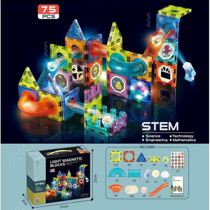 Orijinal Magnetic Tiles Light Version 75 Parça Işıklı Manyetik Lego - Magnetic Magical Işıklı Magnet - Ledli Mıknatıslı Lego