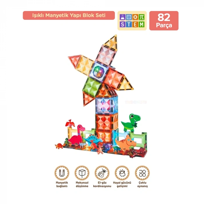 Orijinal Magnetic Tiles Star Diamond Light Version 82 Parça Işıklı Manyetik Lego - Mıknatıslı Lego Ledli Magnetic Işıklı Magnet