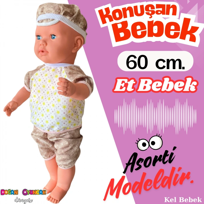 Oynar Gözlü Türkçe Konuşan Berke Kel Et Bebek 60 Cm. - Konuşabilen Bebek - Kel Büyük Bebek