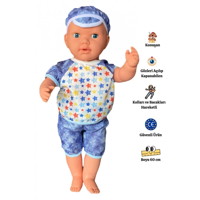 Oynar Gözlü Türkçe Konuşan Berke Kel Et Bebek 60 Cm. - Konuşabilen Bebek - Kel Büyük Bebek