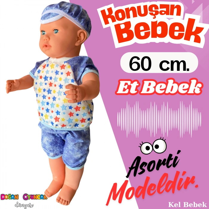 Oynar Gözlü Türkçe Konuşan Berke Kel Et Bebek 60 Cm. - Konuşabilen Bebek - Kel Büyük Bebek