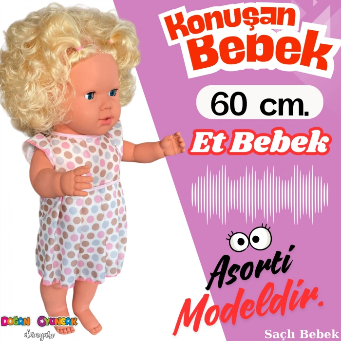 Oynar Gözlü Türkçe Konuşan Nazlı Saçlı Et Bebek 60 Cm. - Konuşabilen Bebek - Saçlı Büyük Bebek