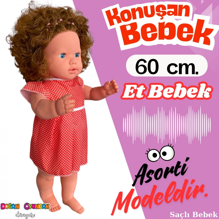Oynar Gözlü Türkçe Konuşan Nazlı Saçlı Et Bebek 60 Cm. - Konuşabilen Bebek - Saçlı Büyük Bebek