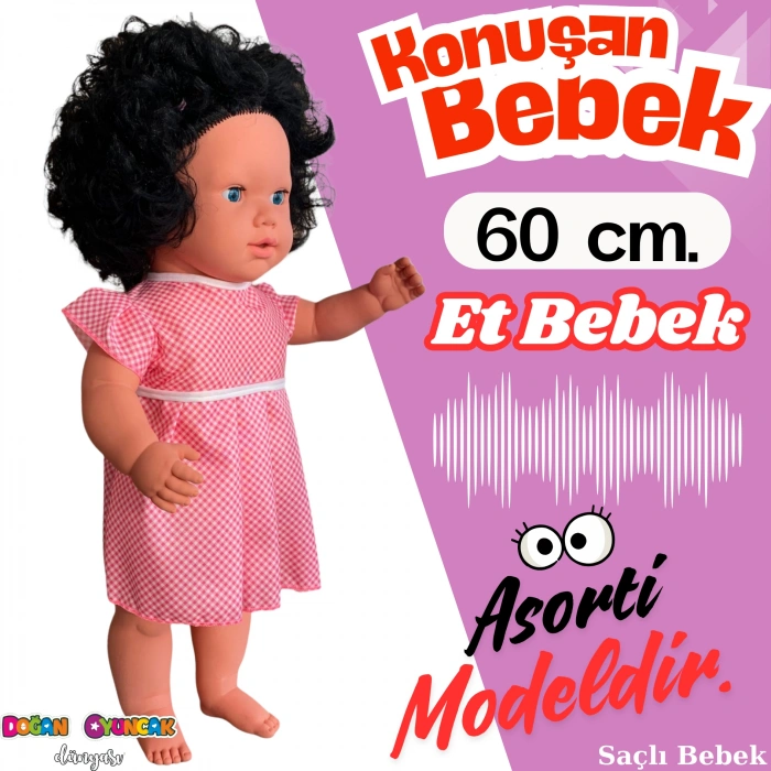 Oynar Gözlü Türkçe Konuşan Nazlı Saçlı Et Bebek 60 Cm. - Konuşabilen Bebek - Saçlı Büyük Bebek