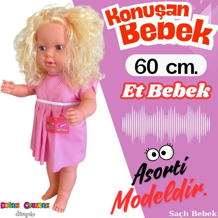 Oynar Gözlü Türkçe Konuşan Nazlı Saçlı Et Bebek 60 Cm. - Konuşabilen Bebek - Saçlı Büyük Bebek