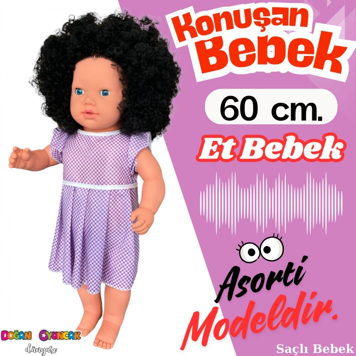 Oynar Gözlü Türkçe Konuşan Nazlı Saçlı Et Bebek 60 Cm. - Konuşabilen Bebek - Saçlı Büyük Bebek
