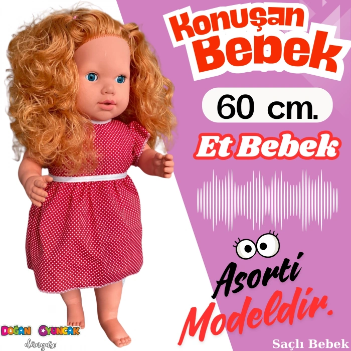 Oynar Gözlü Türkçe Konuşan Nazlı Saçlı Et Bebek 60 Cm. - Konuşabilen Bebek - Saçlı Büyük Bebek