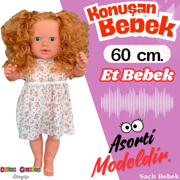 Oynar Gözlü Türkçe Konuşan Nazlı Saçlı Et Bebek 60 Cm. - Konuşabilen Bebek - Saçlı Büyük Bebek
