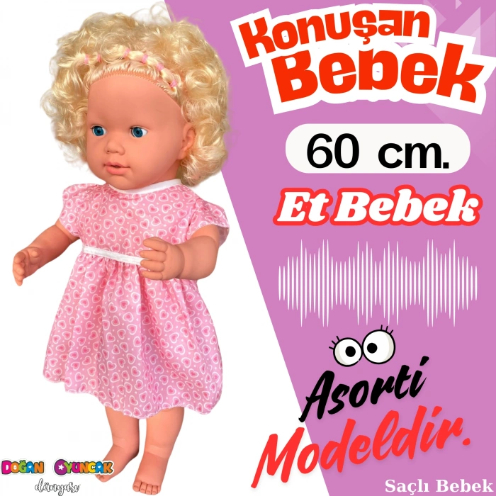 Oynar Gözlü Türkçe Konuşan Nazlı Saçlı Et Bebek 60 Cm. - Konuşabilen Bebek - Saçlı Büyük Bebek