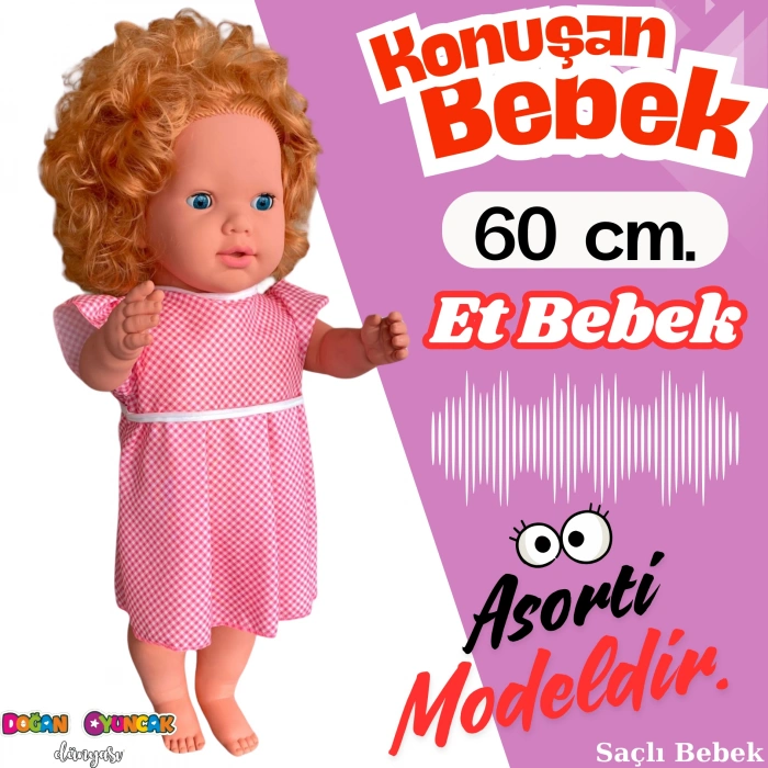 Oynar Gözlü Türkçe Konuşan Nazlı Saçlı Et Bebek 60 Cm. - Konuşabilen Bebek - Saçlı Büyük Bebek